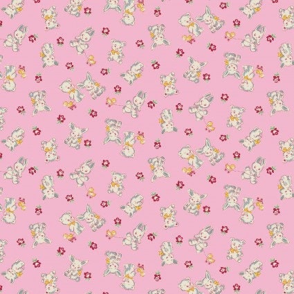 Nana Mae VI Bunnies and Bears in Pink by Henry Glass continuous cuts of Quilter&#39;s Cotton 30&#39;s print Fabric