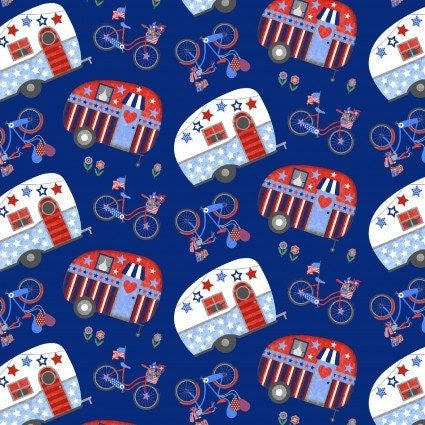 My Happy Place print by Sharla Fults for Studio E Fabrics continuous cuts of Quilter&#39;s Cotton Fabric red, white, and blue vintage campers