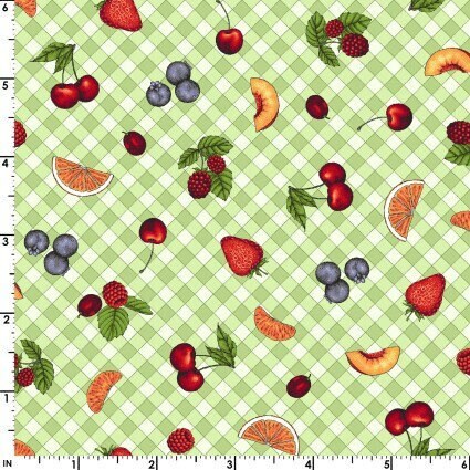 Gingham Fruit in Green by Kris Lammers for Maywood Studio continuous cuts of Quilter&#39;s Cotton Fabric in the Fancy Fruit collection