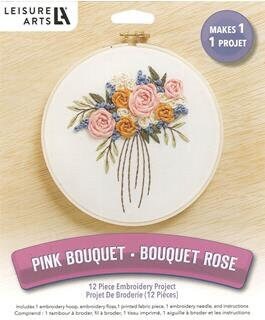 Pink Bouquet Embroidery Kit by Liesure Arts Pink, Gold, and Cream Roses with Blue accents finished size 6 inches