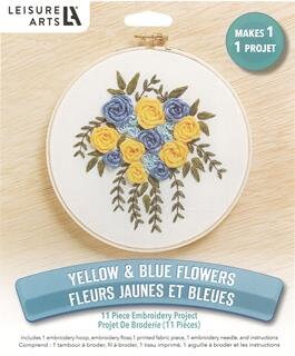 Yellow & Blue Flowers Embroidery Kit by Liesure Arts Yellow, Light Blue, and Dark Blue Roses with cascading greenery finished size 6 inches