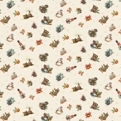 Old Saint Nick Small Toy Tossed in Cream by Henry Glass continuous cuts of Quilter's Cotton Fabric