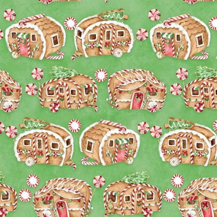 Gingerneering Vintage Campers in Green by 3 Wishes continuous cuts of Quilter's Cotton Fabric