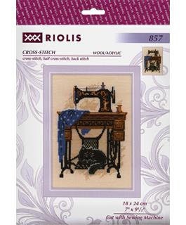 Cat with Sewing Machine Counted Cross Stitch Kit by Riolis. Finished size 7 inches by 9.5 inches