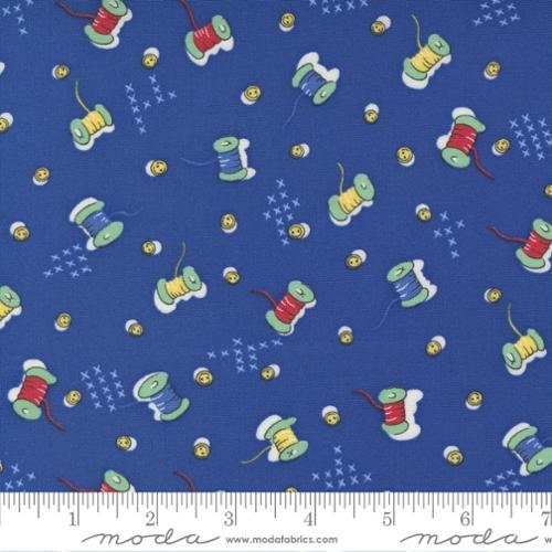 30's Playtime Ma's Sewing Box Retro Thread Buttons in Bluebell by Moda continuous cuts of Quilter's Cotton Fabric