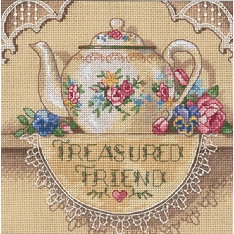 Treasured Friends Teapot Counted Cross Stitch Kit by Dimensions finishes 6 inches square. Great for beginners!