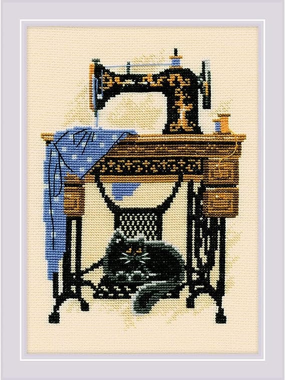Cat with Sewing Machine Counted Cross Stitch Kit by Riolis. Finished size 7 inches by 9.5 inches
