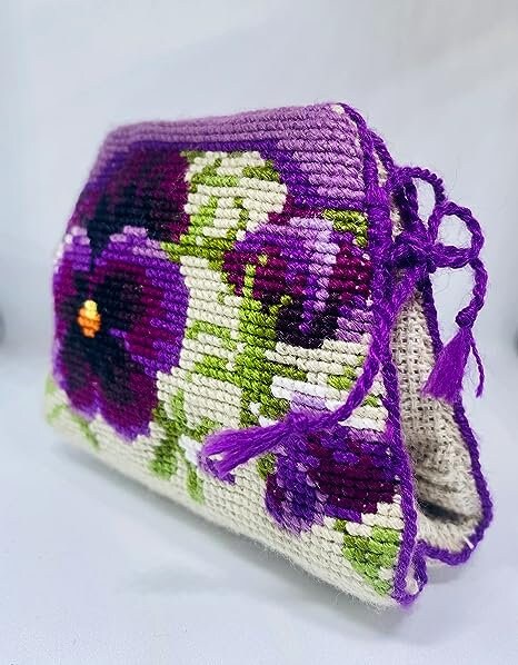 Pansy Pincushion Counted Cross Stitch Kit by Riolis. Finished size 4,25 inches by 3.25 inches