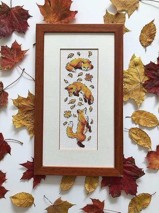 Foxes in the Leaves Counted Cross Stitch Kit by Riolis. Finished size 3.25 inches by 9.5 inches