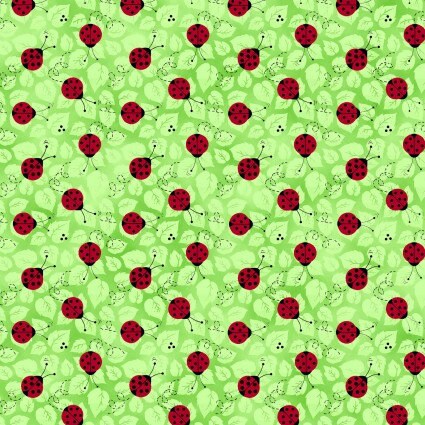 Darling Ladybug Leaf print by Fabric Traditions continuous cuts of Quilter's Cotton Fabric bright green, red, and black