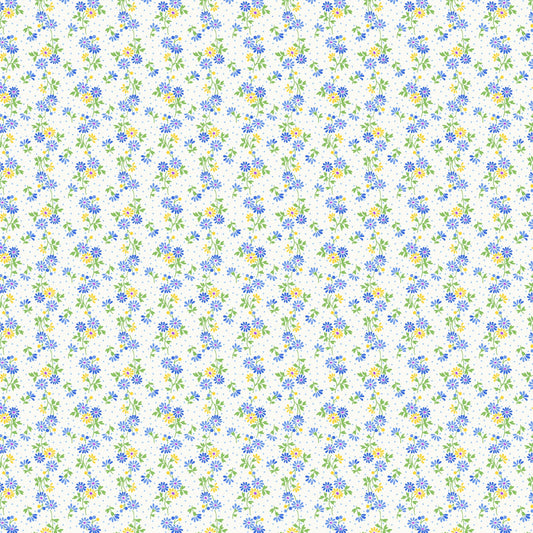 Nana Mae 7 Spaced Daisies in Ceam/Blue by Henry Glass. Continuous Cuts of Quilter's Cotton