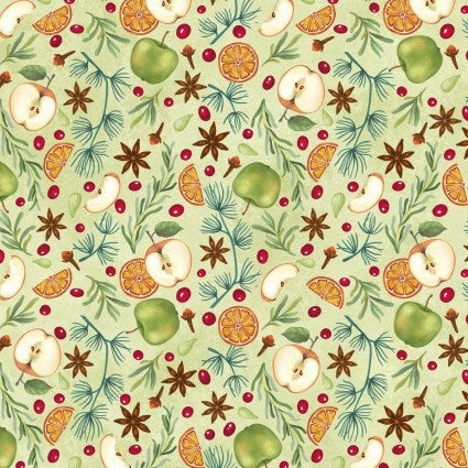 All Over Fruit in Light Green from the Hot Cider Collection by P&B Textiles. Quilter's Cotton Fabric with continuous cuts