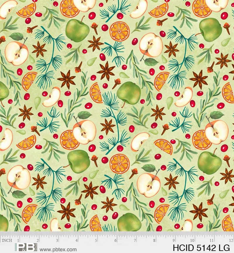 All Over Fruit in Light Green from the Hot Cider Collection by P&B Textiles. Quilter's Cotton Fabric with continuous cuts