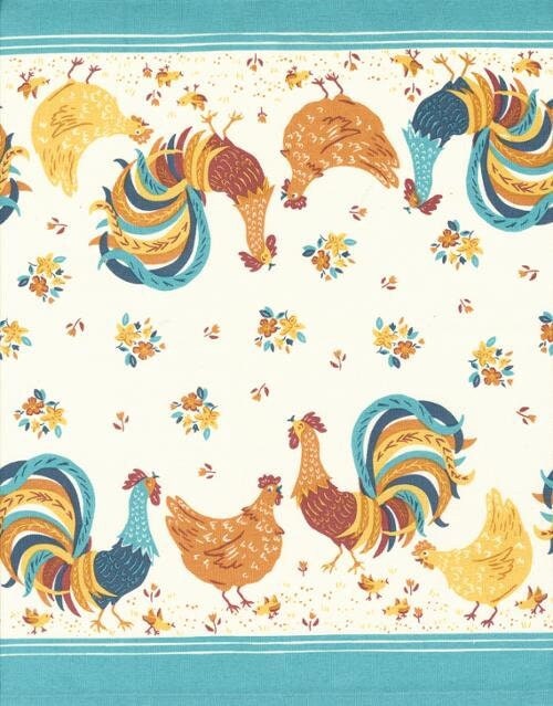 Vintage Chicken Turquoise 16 inch Classic Retro Toweling Cluck Cluck 100% cotton by Moda. Hemmed on both edges continuous cuts for length.