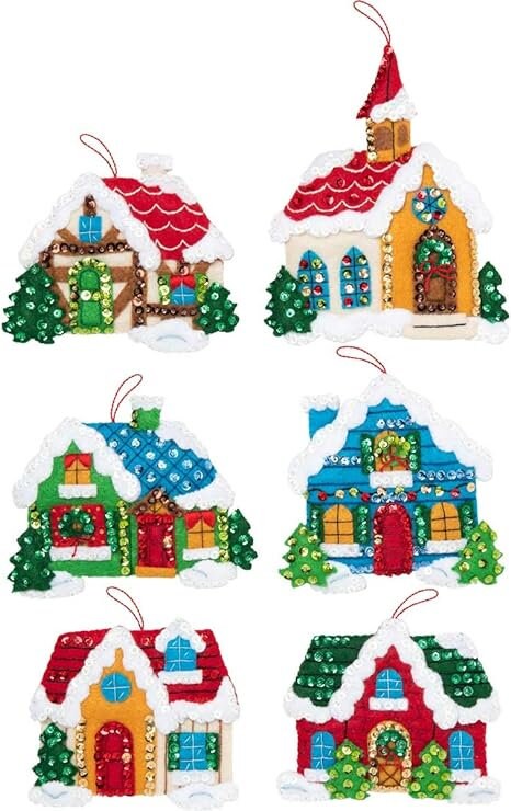 Christmas Village Felt Ornament kit by Bucilla. Easy to make 6 different beaded, sequined ornaments. Made in the USA
