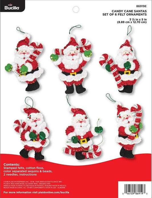 Candy Cane Santa Felt Ornament kit by Bucilla. Easy to make 6 different beaded, sequined ornaments. Made in the USA