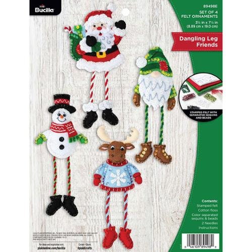 Dangling Legs Felt Ornament kit by Bucilla. Easy to make 4 different beaded, sequined ornaments. Made in the USA