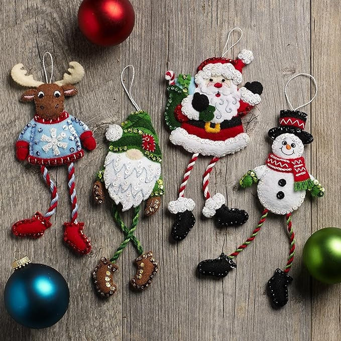 Dangling Legs Felt Ornament kit by Bucilla. Easy to make 4 different beaded, sequined ornaments. Made in the USA