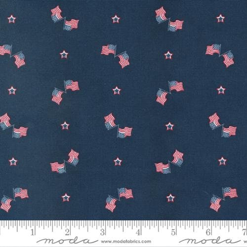 American Gatherings II Old Glory Novelty American Flags in Navy by Primitive Gatherings for Moda continuous cuts of Quilter's Cotton Fabric