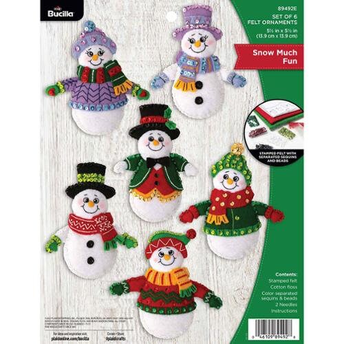 Snow Much Fun Felt Ornament kit by Bucilla. Easy to make 6 different beaded, sequined ornaments. Made in the USA