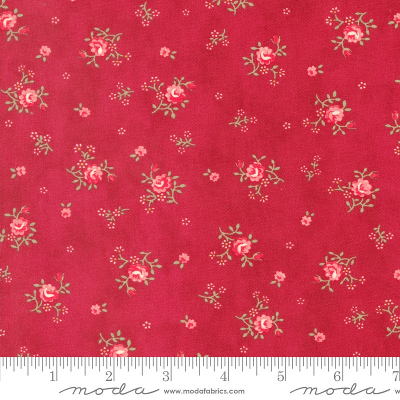 Peaceful Posies in Red. Moda Etchings Collections Benefiting Parkinson's Foundation. Small Floral Ditsy Continuous cuts of Quilter's Cotton