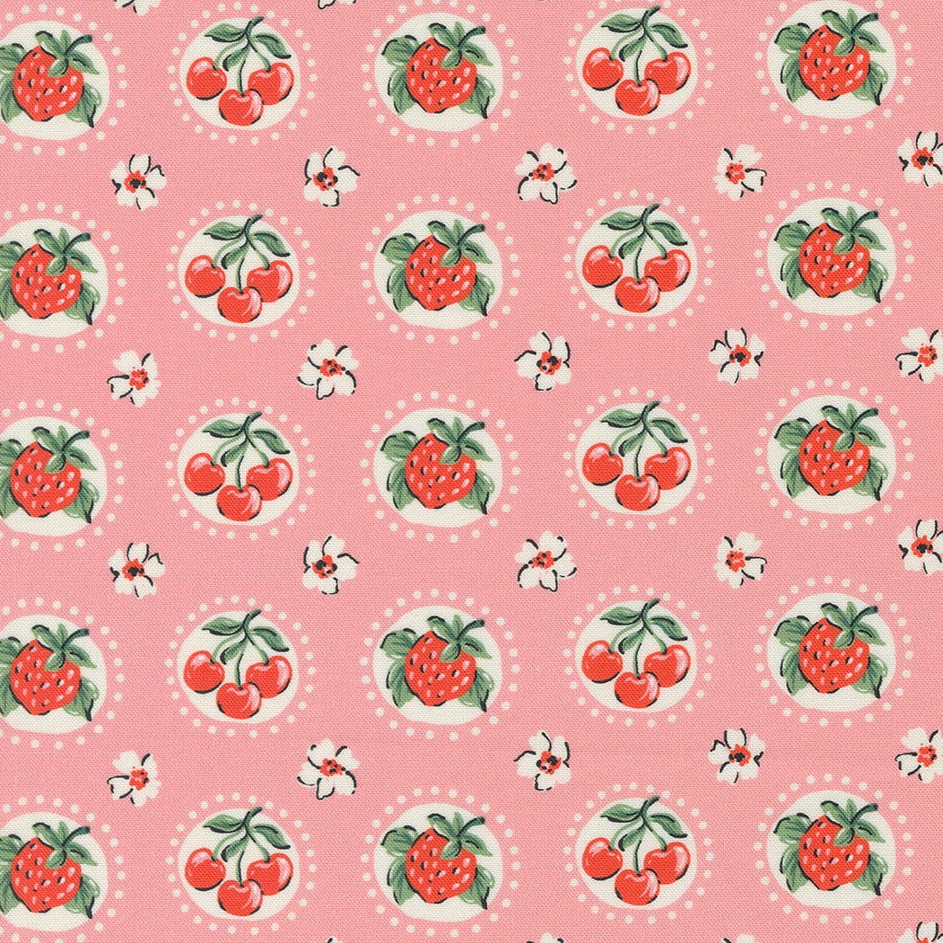 Julia Shortcake Novelty Cherry Strawberry Flower in Carnation Pink by Crystal Manning for Moda. Continuous cuts of Quilter's Cotton Fabric