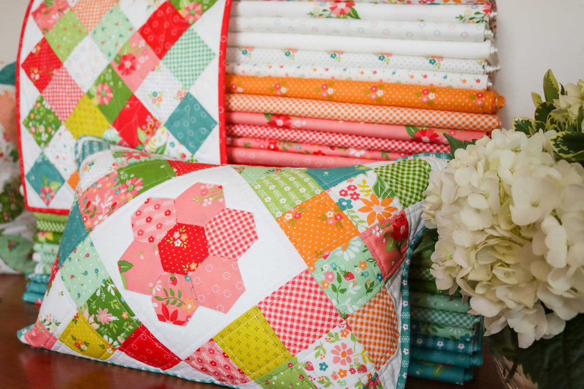 Strawberry Lemonade Bouquets Florals Dots in Apricot by Sherri & Chelsi for Moda. Continuous cuts of Quilter's Cotton Fabric