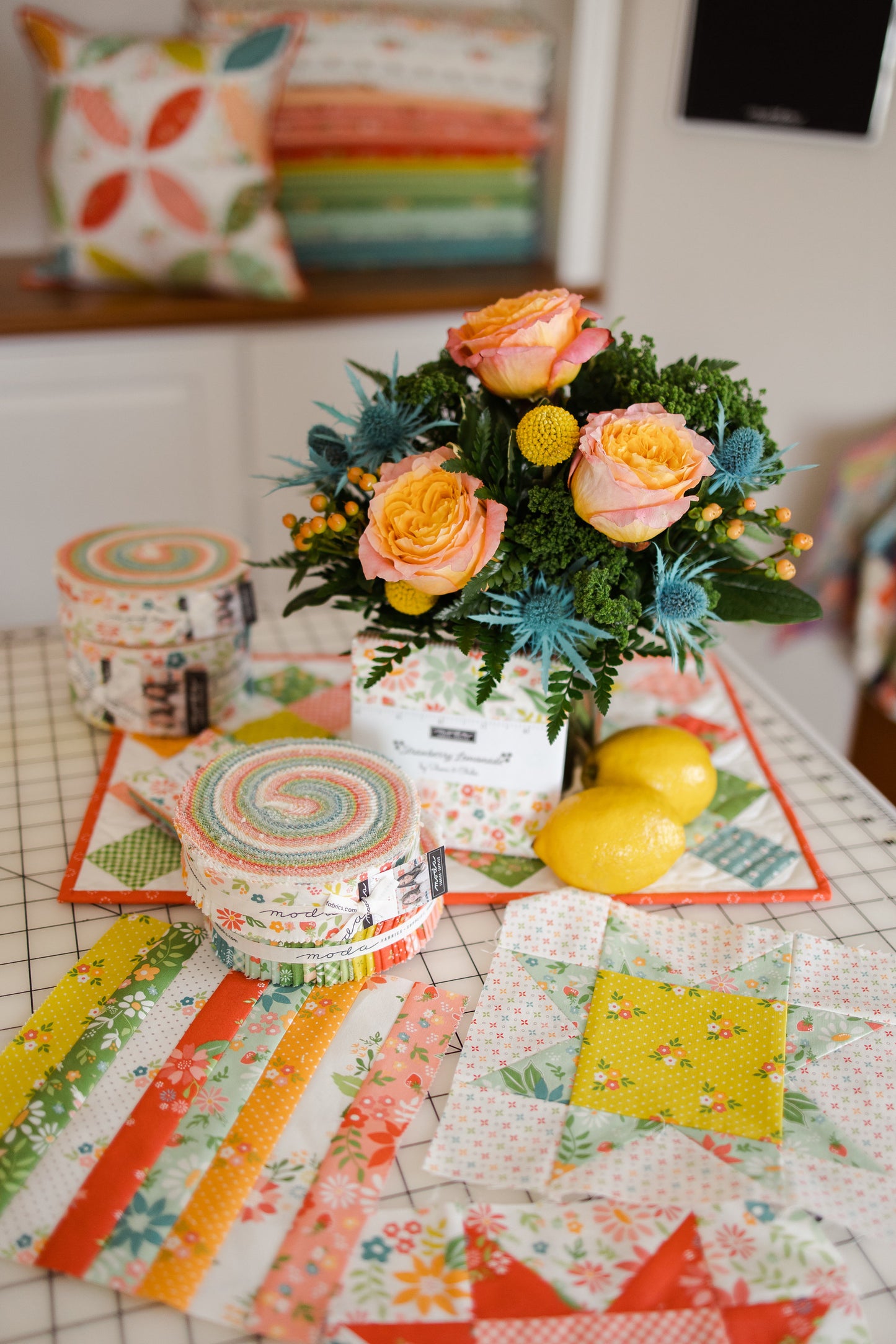 Strawberry Lemonade Bouquets Florals Dots in Apricot by Sherri & Chelsi for Moda. Continuous cuts of Quilter's Cotton Fabric