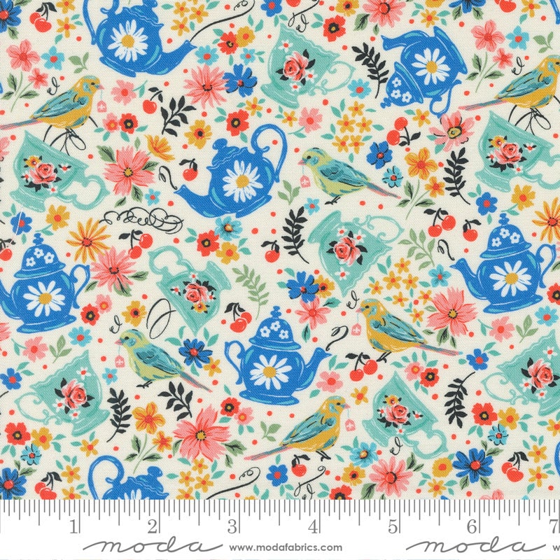 Julia Porcelain Tea Time Novelty Flowers Birds in Multicolored by Crystal Manning for Moda. Continuous cuts of Quilter's Cotton Fabric