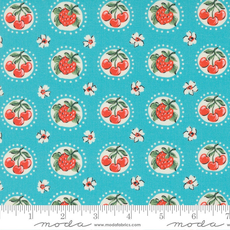 Julia Shortcake Novelty Cherry Strawberry Flower in Turquoise by Crystal Manning for Moda. Continuous cuts of Quilter's Cotton Fabric