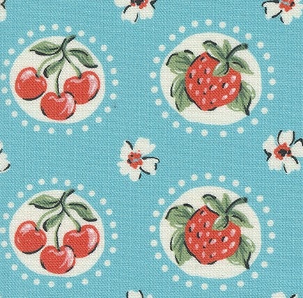 Julia Shortcake Novelty Cherry Strawberry Flower in Turquoise by Crystal Manning for Moda. Continuous cuts of Quilter's Cotton Fabric