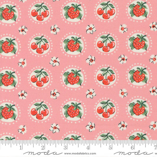 Julia Shortcake Novelty Cherry Strawberry Flower in Carnation Pink by Crystal Manning for Moda. Continuous cuts of Quilter's Cotton Fabric