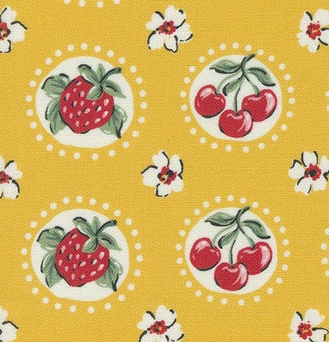 Julia Shortcake Novelty Cherry Strawberry Flower in Lemon Zest by Crystal Manning for Moda. Continuous cuts of Quilter's Cotton Fabric